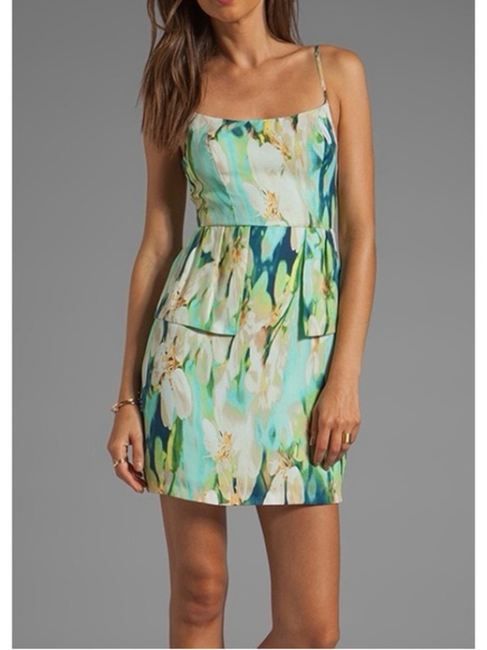 BB Dakota Debralyn Floral Teal and Multicolor Watercolor Peplum Dress